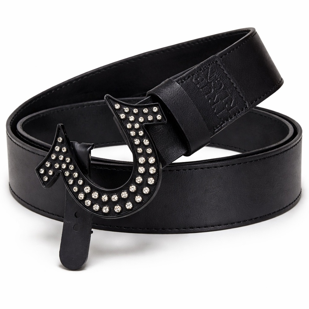 True Religion Belt Black Rhinestone Horseshoe Buckle Bonded Leather
